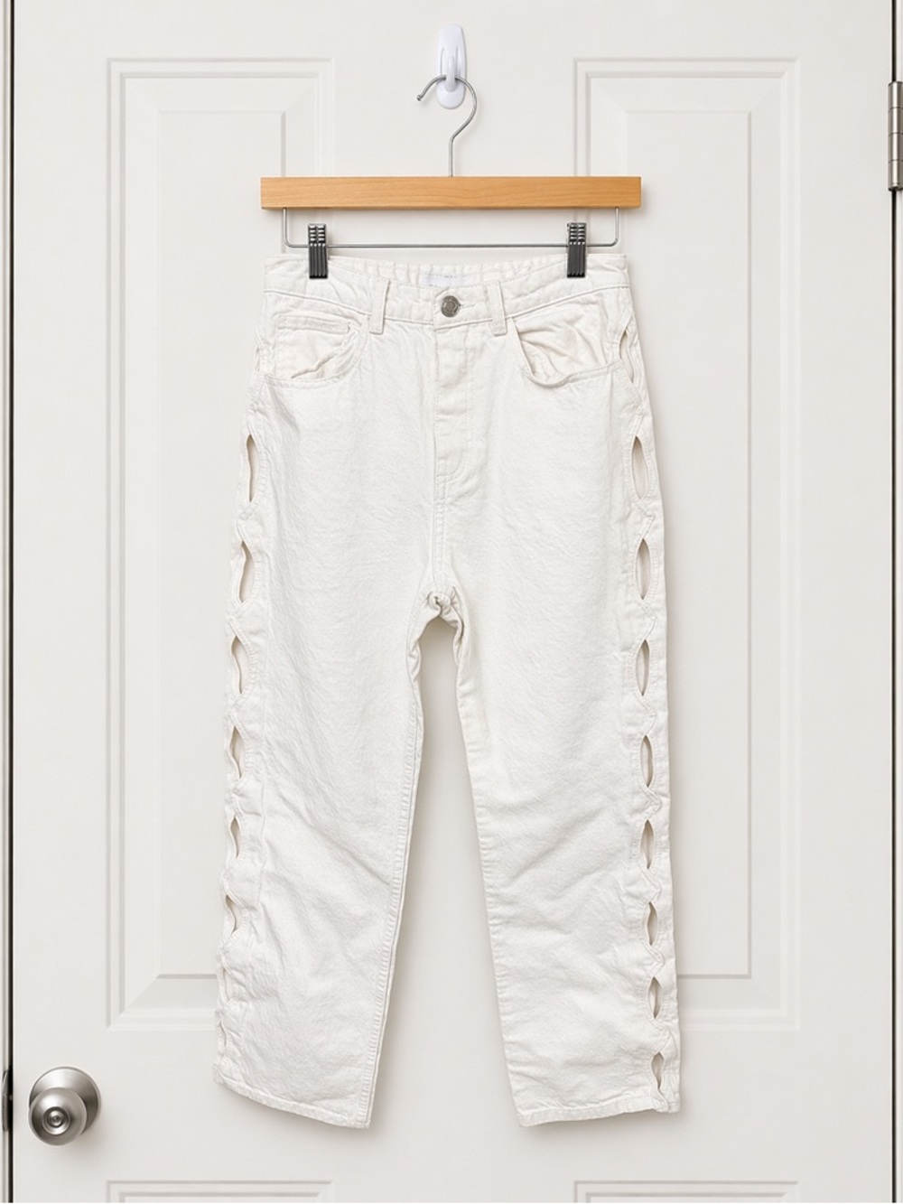 Zara White Straight Leg Jeans with Side Cutout Detailing